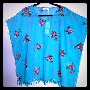 Tunic Floral Embroidered Sheer With Tassels NWT